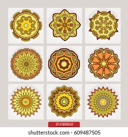Mandala vector design elements. Round ornament decoration. . Floral motif. Stylized flower. Chakra symbol for meditation yoga logo. Complex flourish weave medallion. Tattoo print