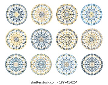 Mandala Vector Design Elements set. Round ornament decoration. Colorful flower patterns. Stylized floral motif. Chakra symbol for meditation yoga logo. Complex flourish weave medallion. Tattoo print