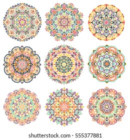 Mandala vector design elements.Round ornament decoration. Colorful patterns. Floral motif. Stylized flower. Chakra symbol for meditation yoga logo. Complex flourish weave medallion. Tattoo print