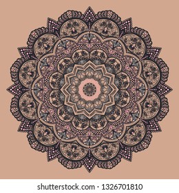 

Mandala - vector drawing, floral motifs, harmonious colors. The drawing imitates embroidery, napkin or tablecloth. Design for walls, wallpapers or panels. Shades of pink, beige, gray and dark blue.