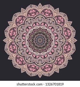 

Mandala - vector drawing, floral motifs, harmonious colors. The drawing imitates embroidery, napkin or tablecloth. Design for walls, wallpapers or panels. Shades of pink, beige, gray and dark blue.