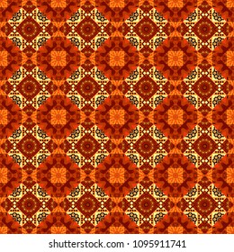 Mandala vector element. Colorful flower seamless pattern. Stylized floral motif in orange, red and brown colors. Round ornament decoration.