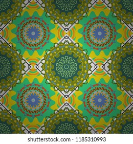 Mandala vector element. Round ornament decoration. Stylized floral motif in green, yellow and blue colors. Colorful flower seamless pattern.
