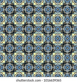 Mandala vector element. Stylized floral motif in blue, black and gray colors. Round ornament decoration. Colorful flower seamless pattern.