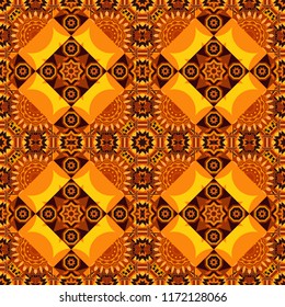 Mandala vector element. Stylized floral motif in yellow, orange and brown colors. Colorful flower seamless pattern. Round ornament decoration.