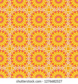 Mandala vector element. Stylized floral motif in white, pink and yellow colors. Colorful flower seamless pattern. Round ornament decoration.