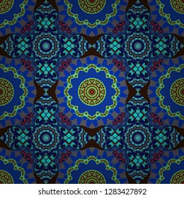 Mandala vector element. Stylized floral motif in black, blue and green colors. Round ornament decoration. Colorful flower seamless pattern.