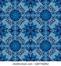 Mandala vector element. Stylized floral motif in blue and black colors. Round ornament decoration. Colorful flower seamless pattern.