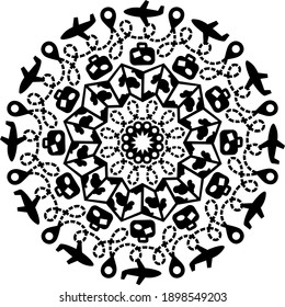 Mandala vector file, transparent background. Travel, airplane, vacation design.

