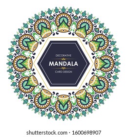 Mandala Vector floral design. with gold, green, black and dark Blue colors on a white background