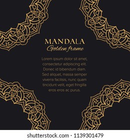 Mandala vector frame and corner borders. Arabic ornaments luxury design. Golden decorative graphic elements on black background