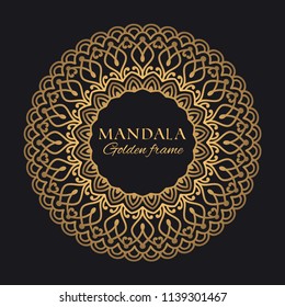 Mandala vector geometric round frame. Oriental ornament luxury design. Golden decorative graphic element on black background