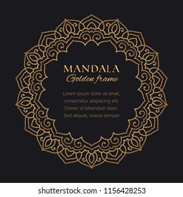 Mandala vector geometric round frame. Oriental ornament luxury design. Golden decorative graphic element on black background
