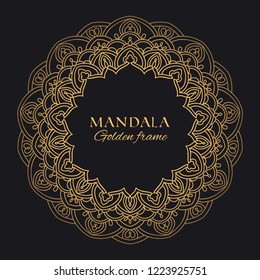 Mandala vector geometric round frame. Oriental ornament luxury design. Golden decorative graphic element on black background