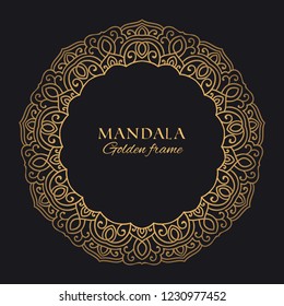 Mandala vector geometric round frame. Oriental ornament luxury design. Golden decorative graphic element on black background
