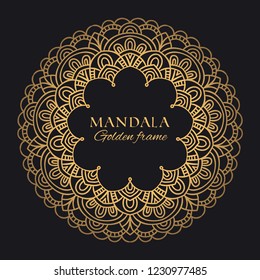 Mandala vector geometric round frame. Oriental ornament luxury design. Golden decorative graphic element on black background