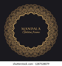 Mandala vector geometric round frame. Oriental ornament luxury design. Golden decorative graphic element on black background