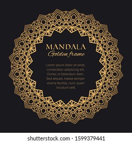 Mandala vector geometric round frame. Oriental ornament luxury design. Golden decorative graphic element on black background