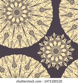 Mandala. Vector graphics. Round hand-drawn ornament. Stylish print. Symbol, emblem, element.
Seamless pattern.
