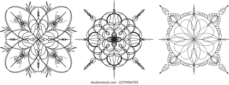 Mandala vector graphics. Mandala set line art. Mandala with plant elements. 