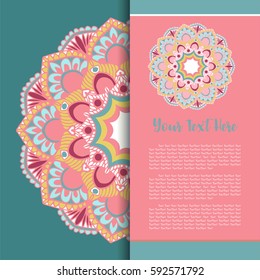 Mandala Vector, Greeting, Invitation Card, Menu Cover, Elegance Card with Half Round Lace Ornament.