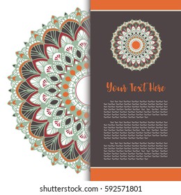Mandala Vector, Greeting, Invitation Card, Menu Cover, Elegance Card with Half Round Lace Ornament.