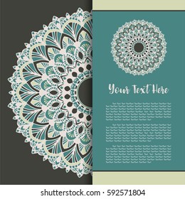 Mandala Vector, Greeting, Invitation Card, Menu Cover, Elegance Card with Half Round Lace Ornament.