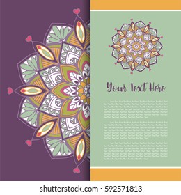 Mandala Vector, Greeting, Invitation Card, Menu Cover, Elegance Card with Half Round Lace Ornament.