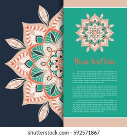 Mandala Vector, Greeting, Invitation Card, Menu Cover, Elegance Card with Half Round Lace Ornament.