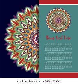 Mandala Vector, Greeting, Invitation Card, Menu Cover, Elegance Card with Half Round Lace Ornament.