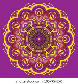 Mandala vector, hand drawn oriental art design, purple, yellow and red