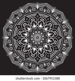 Mandala vector, hand drawn ornamental line art, white on black