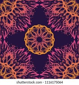 Mandala. Vector illustration, circular pattern. Magic, hands, eyes. prints on T-shirts. Handmade. seamless pattern, purple background, yellow pink color