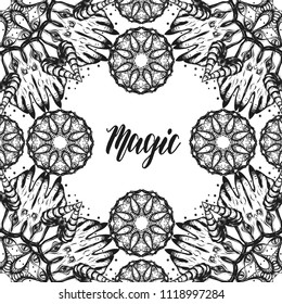 Mandala. Vector illustration, circular pattern. Magic, hands, eyes. prints on T-shirts. background white. Handmade