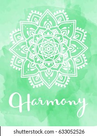 Mandala vector illustration with hand drawn lettering. Namaste, relax, harmony, balance lettering on round mandala. Circle ethnic ornament background.