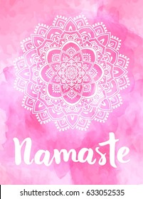 Mandala vector illustration with hand drawn lettering. Namaste, relax, harmony, balance lettering on round mandala. Circle ethnic ornament background.