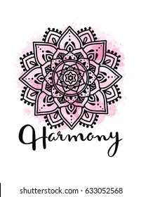 Mandala vector illustration with hand drawn lettering. Namaste, relax, harmony, balance lettering on round mandala. Circle ethnic ornament background.