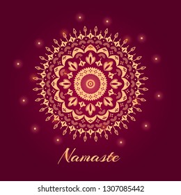 Mandala vector illustration with Namaste indian word. Circle ethnic ornament on red background with glowing lights. Folk, relax, harmony, balance theme