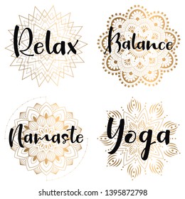 Mandala vector illustration set with lettering. Namaste, relax, harmony, balance lettering on round mandala. Ornament collection