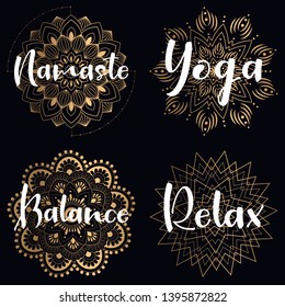 Mandala vector illustration set with lettering. Namaste, relax, harmony, balance lettering on round mandala. Ornament collection
