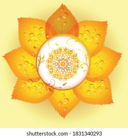 Mandala Vector illustration with Yellow flowers. Beautiful pattern in flower. Black background.