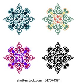 Mandala. Vector image. Spherical black-and-white and color pattern on a white background. Geometric symbol of a complex structure. Buddhist sacred symbol. Scope of abstract forms.