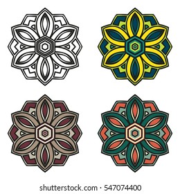 Mandala. Vector image. Spherical black-and-white and color pattern on a white background. Geometric symbol of a complex structure. Buddhist sacred symbol. Scope of abstract forms.