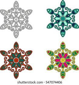 Mandala. Vector image. Spherical black-and-white and color pattern on a white background. Geometric symbol of a complex structure. Buddhist sacred symbol. Scope of abstract forms.