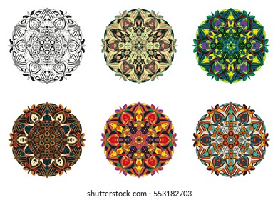 Mandala. Vector image. Spherical black-and-white and color pattern on a white background. Geometric symbol of a complex structure. Buddhist sacred symbol. Scope of abstract forms.