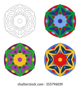 Mandala. Vector image. Spherical black-and-white and color pattern on a white background. Geometric symbol of a complex structure. Buddhist sacred symbol. Scope of abstract forms.