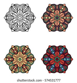 Mandala. Vector image. Spherical black-and-white and color pattern on a white background. Geometric symbol of a complex structure. Buddhist sacred symbol. Scope of abstract forms.