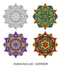 Mandala. Vector image. Spherical black-and-white and color pattern on a white background. Geometric symbol of a complex structure. Buddhist sacred symbol. Scope of abstract forms.