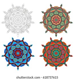 Mandala. Vector image. Spherical black-and-white and color pattern on a white background. Geometric symbol of a complex structure. Buddhist sacred symbol. Scope of abstract forms.