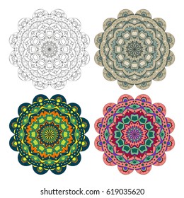 Mandala. Vector image. Spherical black-and-white and color pattern on a white background. Geometric symbol of a complex structure. Buddhist sacred symbol. Scope of abstract forms.